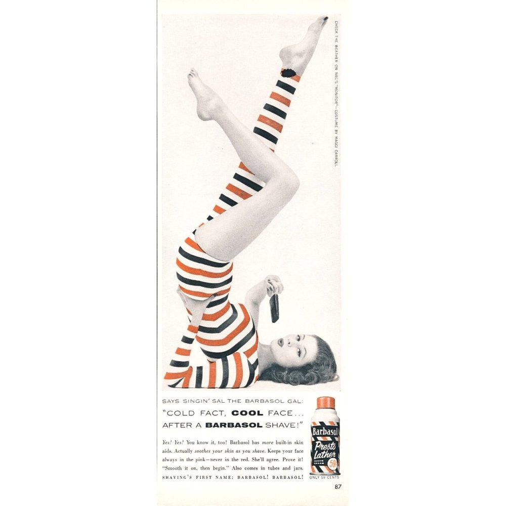 1956 Barbasol Shave Cream Vintage Print Ad Pin Up Girl Popsicle Stripes Wall Art